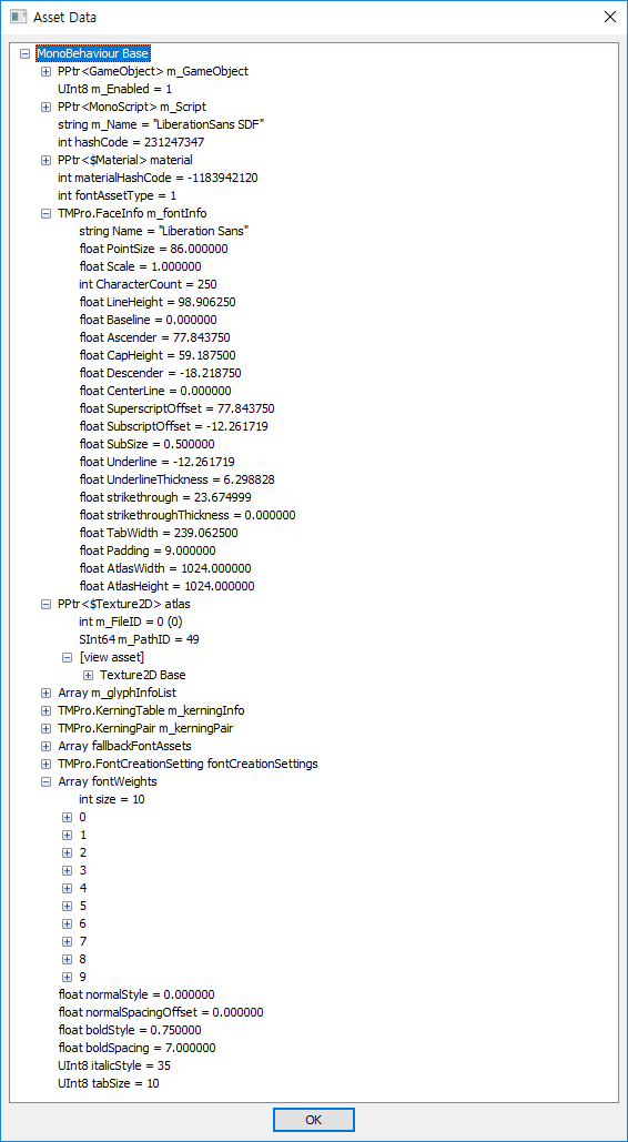 In 'Asset Data' window, asset information is shown as tree view