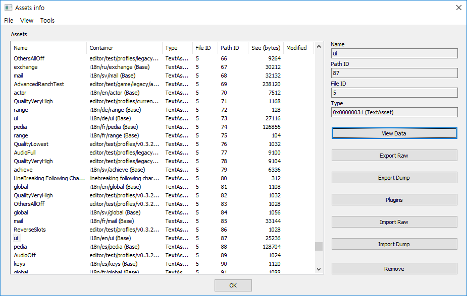 Assets info when open globalgamemanager assets. 'Container' column has value(relative path)