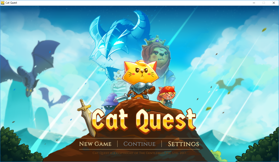 Cat Quest - Menu screen. There are 'NEW GAME', 'CONTINUE', 'SETTINGS' texts..png