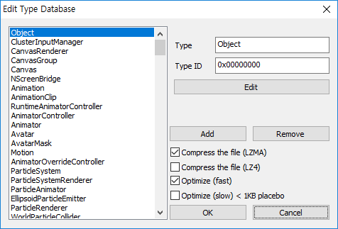 Edit Type Database window. In left, listbox of type(class). In right up, Type name, Type ID(Hex), and Edit button are.  In right middle, add and remove type button are. In right bottom, 'Compress the file (LZMA)', '~ (LZ4)' and 'Optimize (fast)', '~ (slow)' checkboxs are.