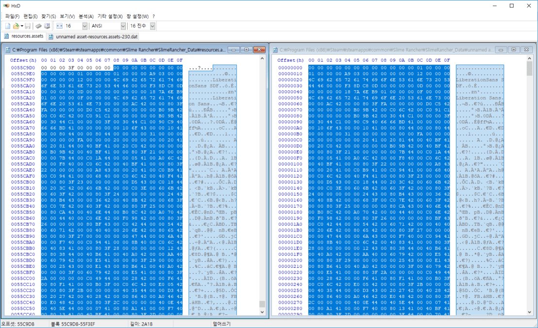 Compare 'LiberationSans SDF' asset in resources asset and exported asset using 'HxD' hex editor. each block selected area are same