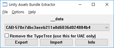 After open uncompressed AssetBundle, 'No file opened.' is changed to '_data'(compressed AssetBundle name); Combobox control has item('CAB-570e7~'); and Combobox, CheckBox('Remove the TypeTree ~'), Buttons('Export', 'Import', 'Info') can be able to click
