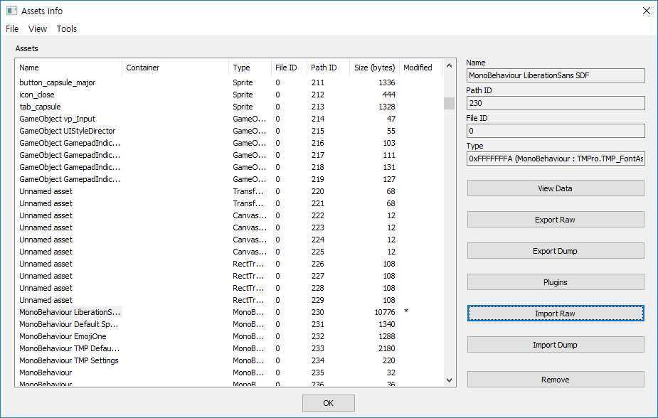 Modified Asset is marked as star('*') at 'Modified' column