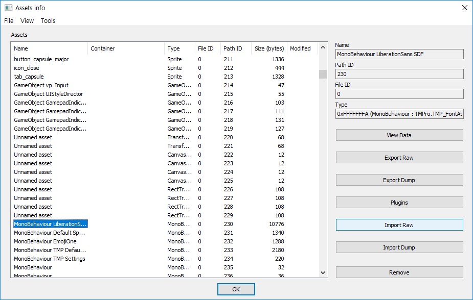 Select asset what you overwrite and click 'Import Raw' for importing asset into selected Path ID