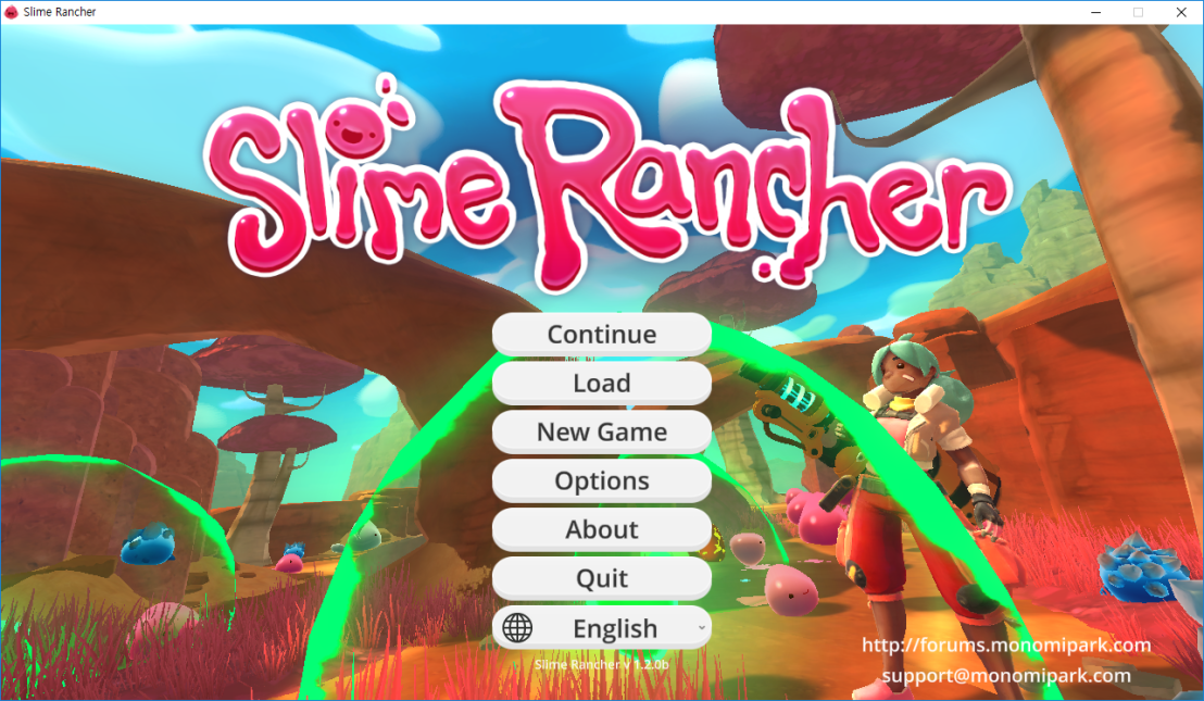 In Slime Rancher menu screen, there are 'Continue', 'Load', 'New Game', Options', 'About', 'Quit', 'English', 'Http://forums.monomipark.com', 'support@monomipark.com' text.