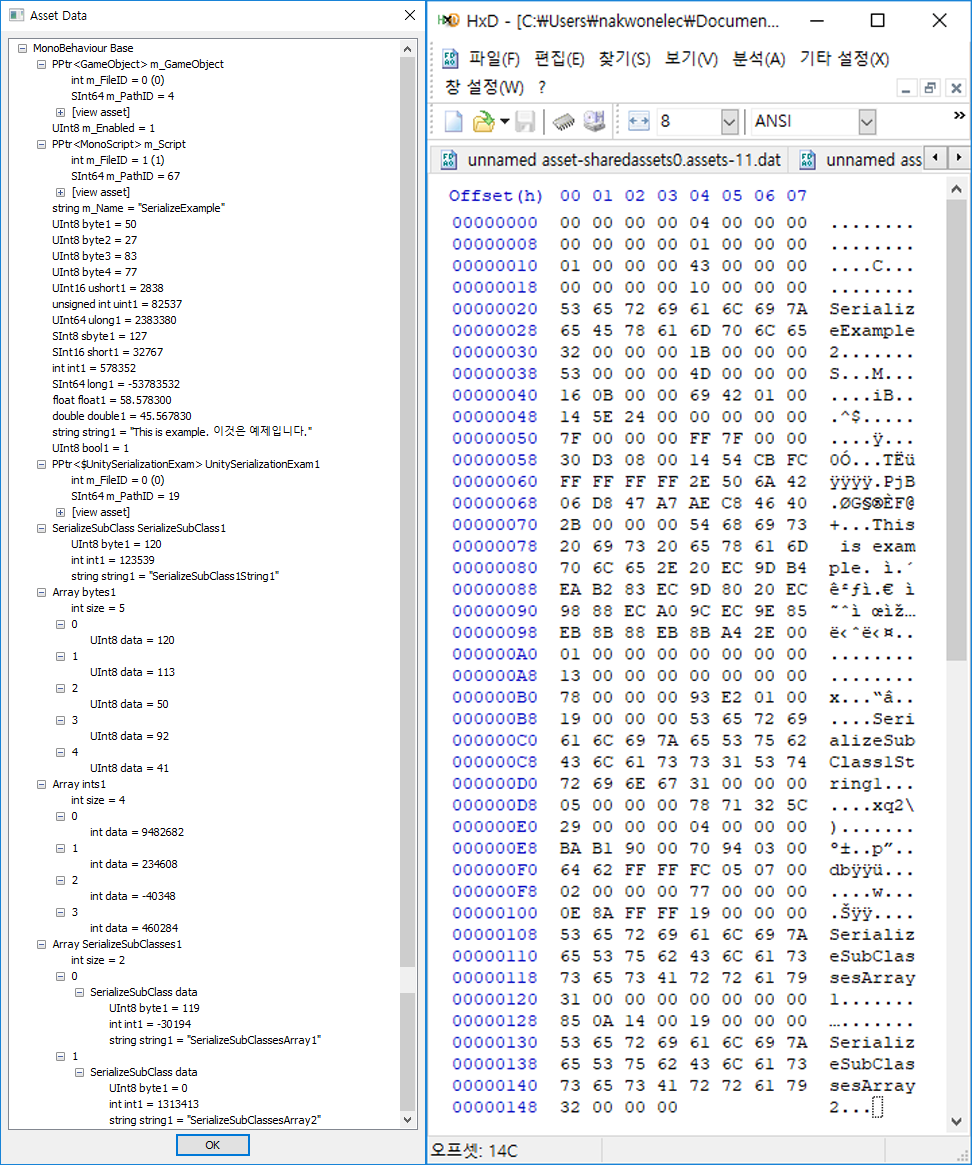 Serialization result of UnitySerializationExam instance is seen in UABE and Hex Editor.